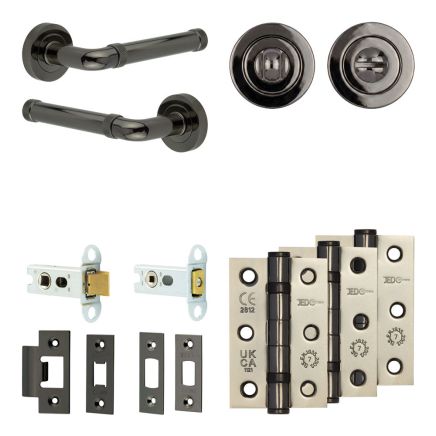 Complete Midtown Door Handle Pack - Heavy Duty Tubular Bathroom (Standard Thumb Turn) - Black Nickel - 64mm / 3-inch Hinges - JE-G30B3-BN
