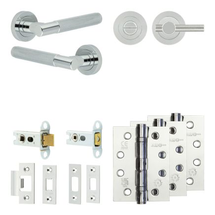 Complete Bari Door Handle Pack - Heavy Duty Tubular Bathroom (Knurled Thumb Turn) - Polished Chrome - 64mm / 4-inch Hinges - JE-D30A1-PC