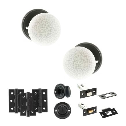Old English Skipton Door Knob Pack (Bathroom Set - 4" Deadbolt, 3" Fire Rated Hinges x3) - Matt Black