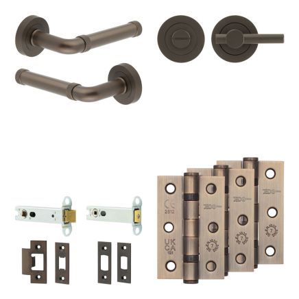 Complete Midtown Door Handle Pack - Heavy Duty Tubular Bathroom (Plain Thumb Turn) - Dark Bronze - 102mm / 3-inch Hinges - JE-G32B2-DB