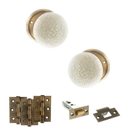 Old English Skipton Door Knob Pack (Latch Set - 3" HD Latch, 3" Fire Rated Hinges x3) - Antique Brass