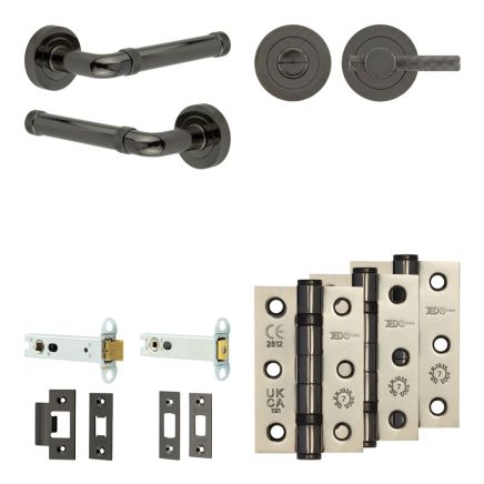 Complete Midtown Door Handle Pack - Heavy Duty Tubular Bathroom (Knurled Thumb Turn) - Black Nickel - 102mm / 3-inch Hinges - JE-G32B1-BN