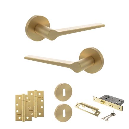 Senza Pari Laviano Door Handle Pack (3 Lever Lock Set - 3" CE Sashlock, 4" Slim Knuckle Hinges x2) - Satin Brass