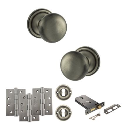 Old English Harrogate Door Knob Pack (Lock Set - Horizontal Sashlock, 4" Fire Rated Hinges x3) - Matt Gun Metal