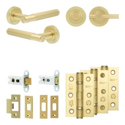 Complete Venice Door Handle Pack - Heavy Duty Tubular Bathroom (Plain Thumb Turn) - Satin Brass - 64mm / 3-inch Hinges - JE-F30B2-SB
