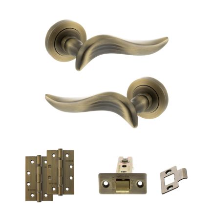 Old English Oxford Door Handle Pack (Latch Set - 2.5" CE Latch, 4" Slim Knuckle Hinges x2) - Matt Antique Brass