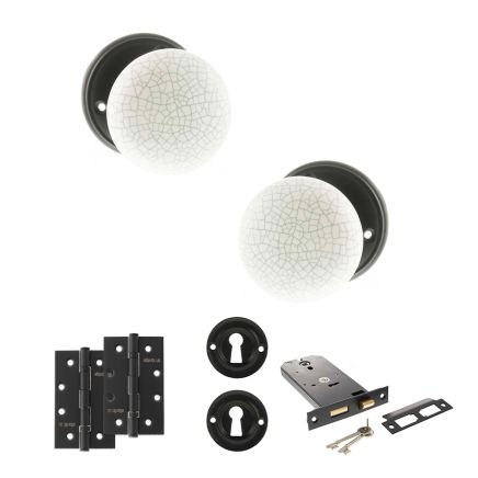 Old English Skipton Door Knob Pack (Lock Set - Horizontal Sashlock, 4" Slim Knuckle Hinges x2) - Matt Black