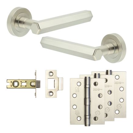 Complete Hex Door Handle Pack - Internal Doors - Satin Nickel - 64mm / 4-inch Hinges - JE-C1A-SN