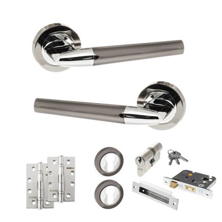 STATUS Tennessee Door Handle Pack (Euro Lock Set - 3" CE Sashlock, 4" Slim Knuckle Hinges x2) - Black Nickel/Polished Chrome