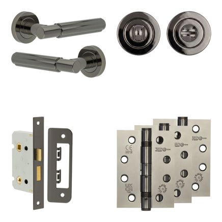 Complete Bloom Door Handle Pack - Bathroom Lock (Standard Thumb Turn) - Black Nickel - 65mm / 4-inch Hinges - JE-B5A3-BN