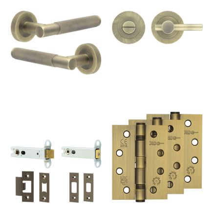 Complete Bari Door Handle Pack - Heavy Duty Tubular Bathroom (Plain Thumb Turn) - Antique Brass - 102mm / 4-inch Hinges - JE-D32A2-AB