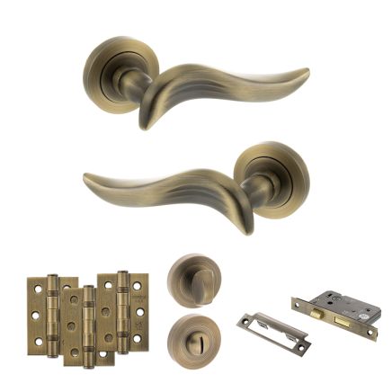 Old English Oxford Door Handle Pack (Bathroom Set - 2.5" CE Bathroom Lock, 3" Fire Rated Hinges x3) - Matt Antique Brass