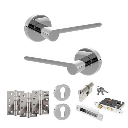 Senza Pari Darrio Door Handle Pack (Euro Lock Set - 2.5" CE Sashlock, 4" Fire Rated Hinges x3) - Polished Chrome