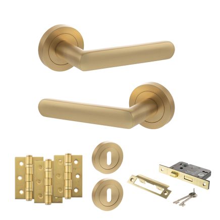 STATUS Carolina Door Handle Pack (3 Lever Lock Set - 2.5" CE Sashlock, 3" Fire Rated Hinges x3) - Satin Brass