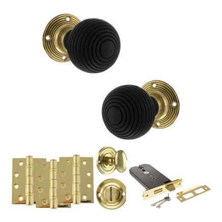 Old English Whitby Door Knob Pack (Lock Set - Horizontal Bathlock, 4" Fire Rated Hinges x3) - Polished Brass