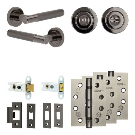 Complete Bari Door Handle Pack - Heavy Duty Tubular Bathroom (Standard Thumb Turn) - Black Nickel - 64mm / 4-inch Hinges - JE-D30A3-BN