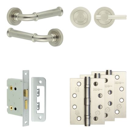 Complete Classic Door Handle Pack - Bathroom Lock (Plain Thumb Turn) - Satin Nickel - 76mm / 4-inch Hinges - JE-A6A2-SN