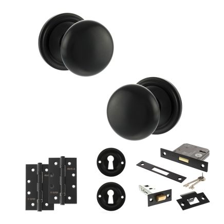 Old English Harrogate Door Knob Pack (Lock Set - 3" Latch & Deadlock, 4" Slim Knuckle Hinges x2) - Matt Black