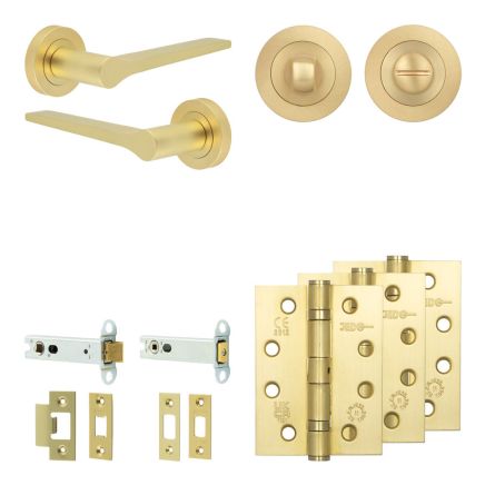 Complete Gio Door Handle Pack - Heavy Duty Tubular Bathroom (Standard Thumb Turn) - Satin Brass - 102mm / 4-inch Hinges - JE-E32A3-SB