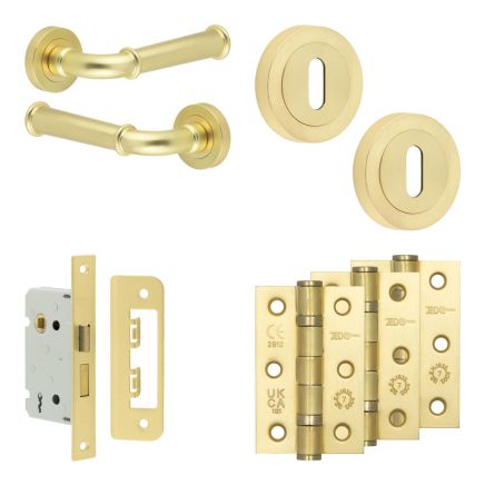 Complete Classic Door Handle Pack - Sashlock - Satin Brass - 65mm / 3-inch Hinges - JE-A7B8-SB