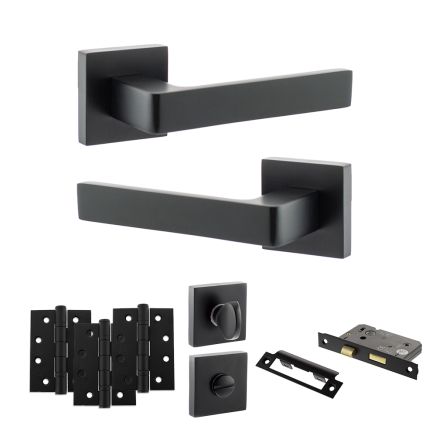 STATUS Montana Door Handle Pack (Bathroom Set - 3" CE Bathroom Lock, 4" Fire Rated Hinges x3) - Matt Black