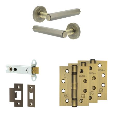 Complete Hex Door Handle Pack - Heavy Duty Latch - Antique Brass - 102mm / 4-inch Hinges - JE-C22A-AB