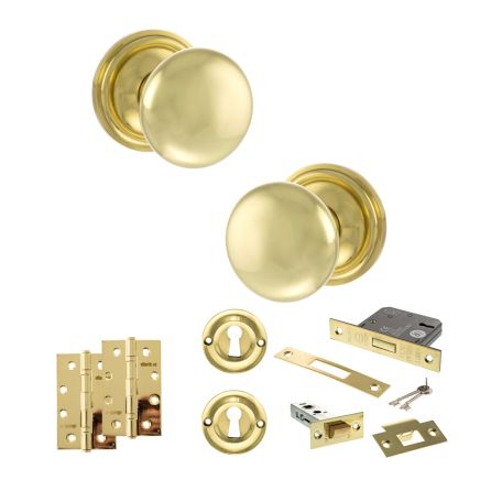 Old English Harrogate Door Knob Pack (Lock Set - 3" Latch & Deadlock, 4" Slim Knuckle Hinges x2) - Polished Brass