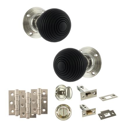 Old English Whitby Door Knob Pack (Bathroom Set - 4" Deadbolt, 3" Fire Rated Hinges x3) - Polished Nickel