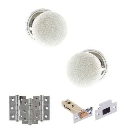 Old English Skipton Door Knob Pack (Latch Set - 3" HD Latch, 3" Fire Rated Hinges x3) - Polished Chrome
