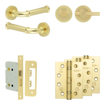 Complete Classic Door Handle Pack - Bathroom Lock (Plain Thumb Turn) - Satin Brass - 76mm / 4-inch Hinges - JE-A6A2-SB
