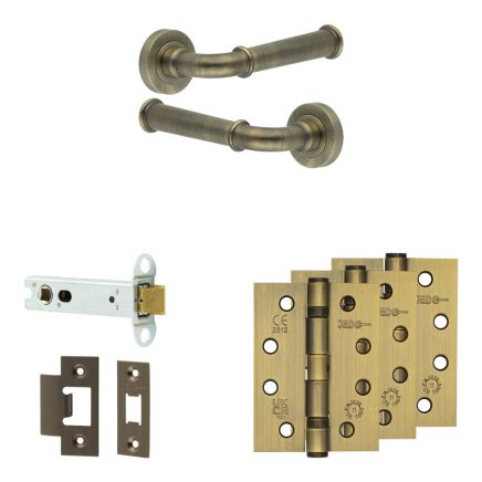 Complete Classic Door Handle Pack - Heavy Duty Latch - Antique Brass - 102mm / 4-inch Hinges - JE-A22A-AB
