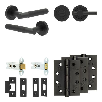 Complete Venice Door Handle Pack - Heavy Duty Tubular Bathroom (Plain Thumb Turn) - Matt Black - 64mm / 4-inch Hinges - JE-F30A2-MB