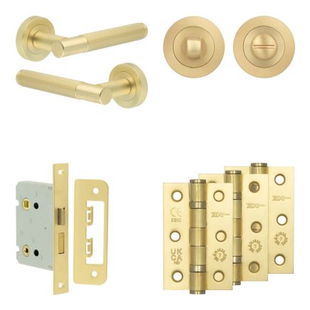 Complete Venice Door Handle Pack - Bathroom Lock (Standard Thumb Turn) - Satin Brass - 76mm / 3-inch Hinges - JE-F6B3-SB
