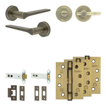 Complete Gio Door Handle Pack - Heavy Duty Tubular Bathroom (Plain Thumb Turn) - Antique Brass - 102mm / 4-inch Hinges - JE-E32A2-AB
