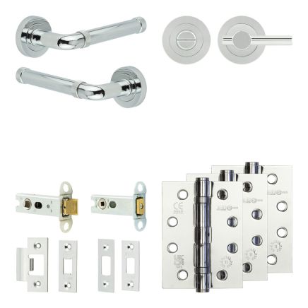 Complete Midtown Door Handle Pack - Heavy Duty Tubular Bathroom (Plain Thumb Turn) - Polished Chrome - 76mm / 4-inch Hinges - JE-G31A2-PC