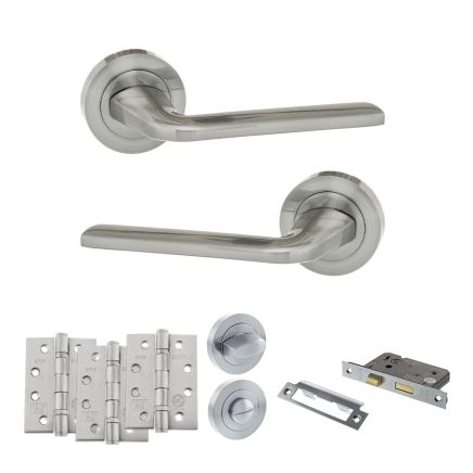 Eco Surf Door Handle Pack (Bathroom Set - 2.5" CE Bathroom Lock, 4" Fire Rated Hinges x3) - Satin Chrome