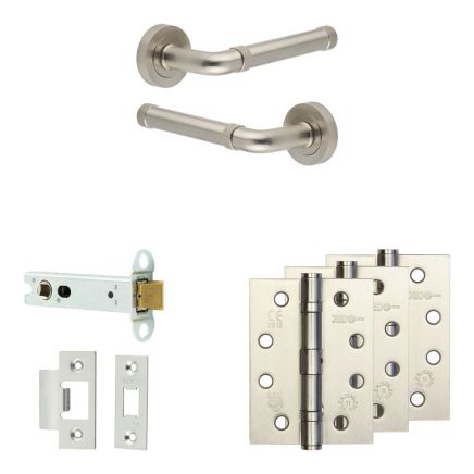 Complete Midtown Door Handle Pack - Heavy Duty Latch - Satin Nickel - 102mm / 4-inch Hinges - JE-G22A-SN