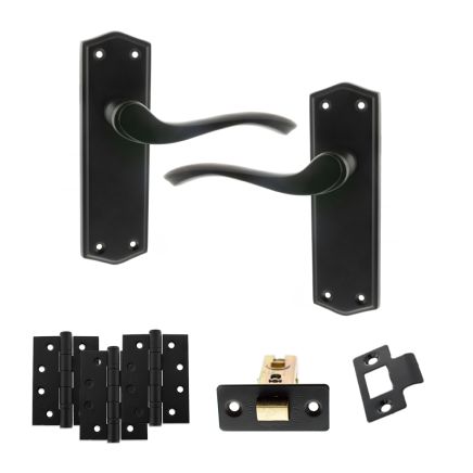 Old English Warwick Door Handle Pack (Latch Set - 2.5" CE Latch, 4" Fire Rated Hinges x3) - Matt Black