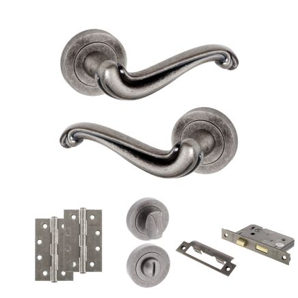 Old English Colchester Door Handle Pack (Bathroom Set - 2.5" CE Bathroom Lock, 4" Slim Knuckle Hinges x2) - Distressed Silver