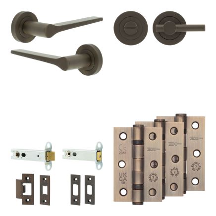Complete Gio Door Handle Pack - Heavy Duty Tubular Bathroom (Plain Thumb Turn) - Dark Bronze - 102mm / 3-inch Hinges - JE-E32B2-DB