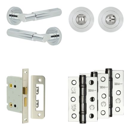 Complete Bloom Door Handle Pack - Bathroom Lock (Standard Thumb Turn) - Polished Chrome - 76mm / 3-inch Hinges - JE-B6B3-PC