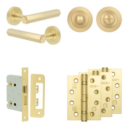 Complete Hex Door Handle Pack - Bathroom Lock (Standard Thumb Turn) - Satin Brass - 76mm / 4-inch Hinges - JE-C6A3-SB