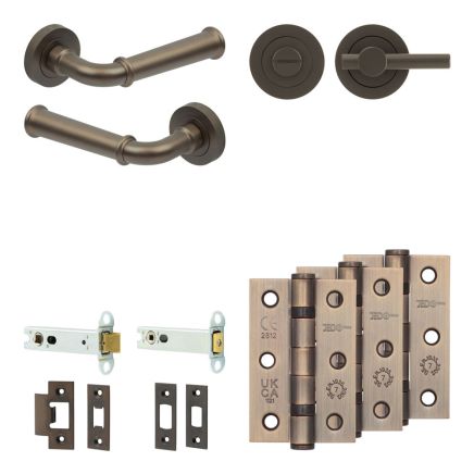 Complete Classic Door Handle Pack - Heavy Duty Tubular Bathroom (Plain Thumb Turn) - Dark Bronze - 102mm / 3-inch Hinges - JE-A32B2-DB