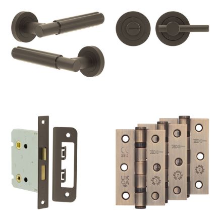 Complete Bloom Door Handle Pack - Bathroom Lock (Plain Thumb Turn) - Dark Bronze - 76mm / 3-inch Hinges - JE-B6B2-DB