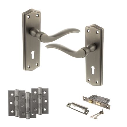 Old English Warwick Door Handle Pack (3 Lever Lock Set - 2.5" CE Sashlock, 3" Fire Rated Hinges x3) - Matt Gun Metal