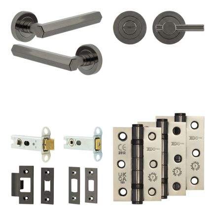 Complete Hex Door Handle Pack - Heavy Duty Tubular Bathroom (Plain Thumb Turn) - Black Nickel - 76mm / 3-inch Hinges - JE-C31B2-BN