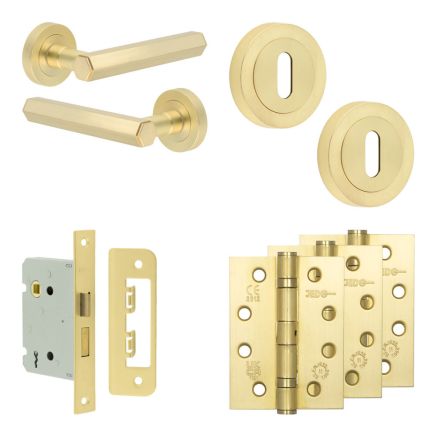 Complete Hex Door Handle Pack - Sashlock - Satin Brass - 76mm / 4-inch Hinges - JE-C8A8-SB