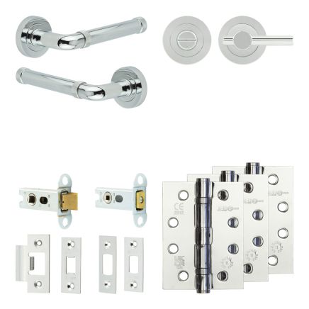 Complete Midtown Door Handle Pack - Heavy Duty Tubular Bathroom (Plain Thumb Turn) - Polished Chrome - 64mm / 4-inch Hinges - JE-G30A2-PC