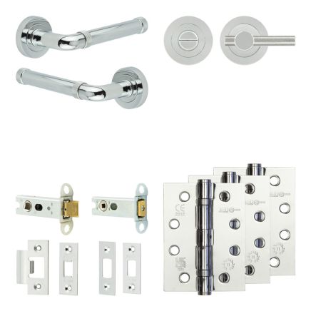 Complete Midtown Door Handle Pack - Heavy Duty Tubular Bathroom (Knurled Thumb Turn) - Polished Chrome - 76mm / 4-inch Hinges - JE-G31A1-PC
