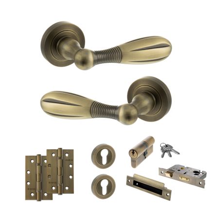 Old English Cambridge Door Handle Pack (Euro Lock Set - 3" CE Sashlock, 4" Slim Knuckle Hinges x2) - Matt Antique Brass